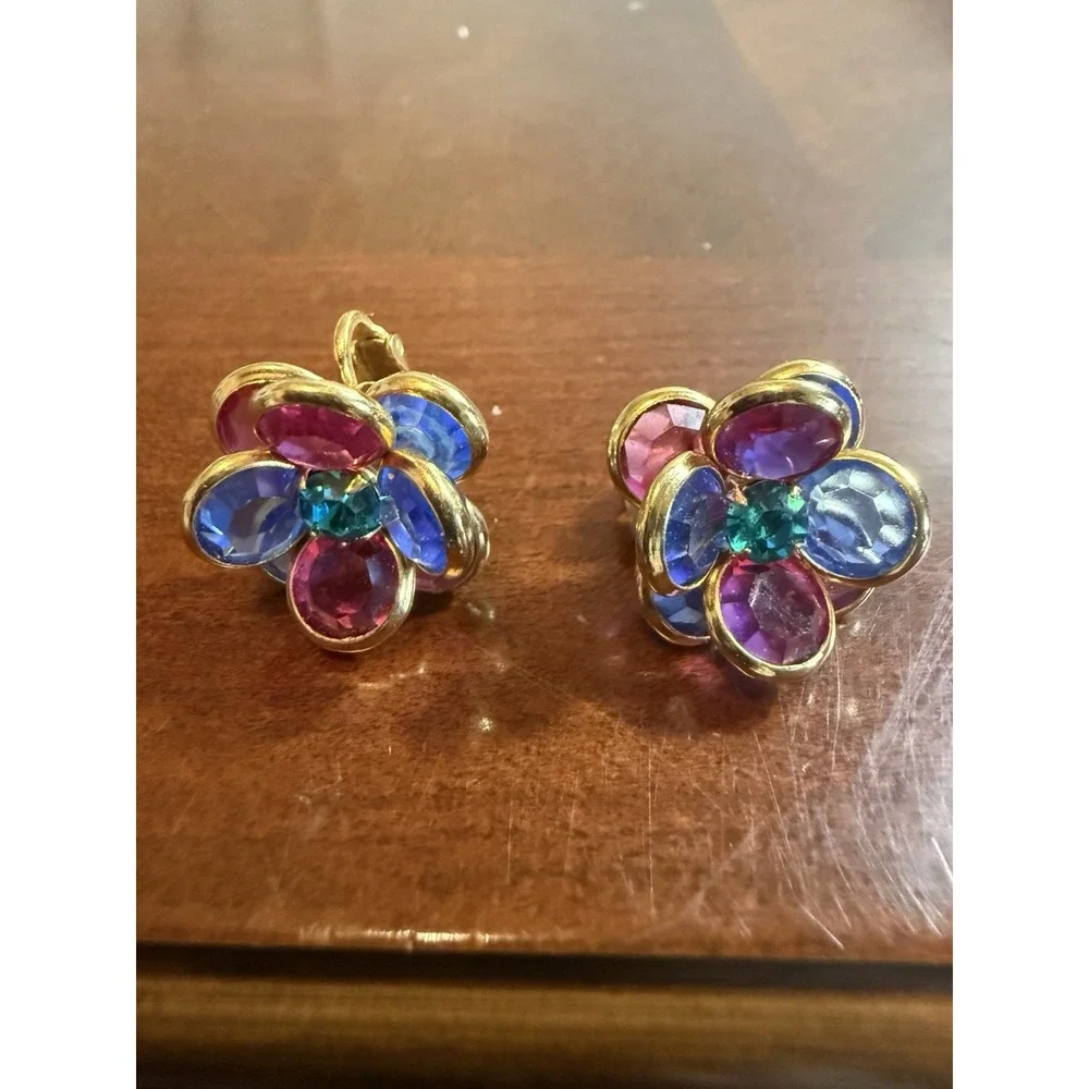 Vtg Multicolor Flower Clip On Earrings Gold Tone Faceted Glass Mod Statement‎
